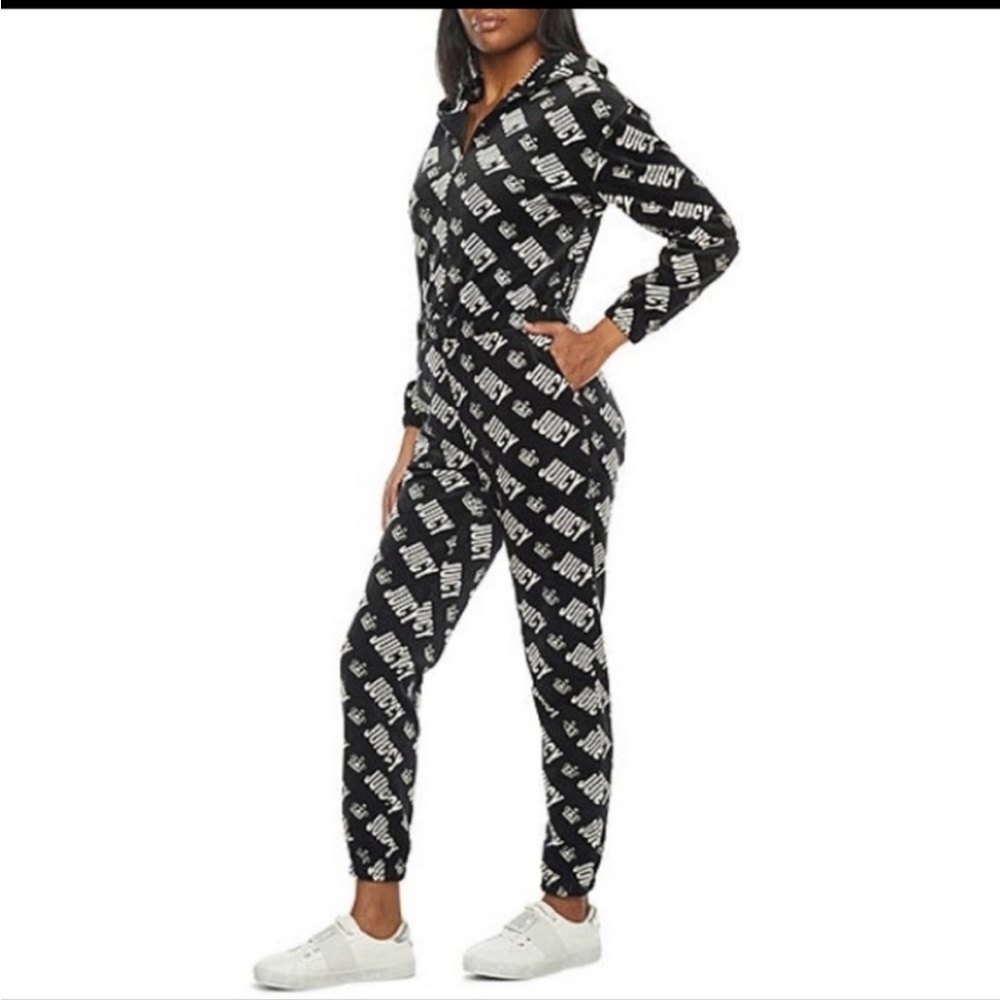 Nwot Juicy Couture Black And White Velour Jumpsuit W/ Pockets And Hood - Size Xl